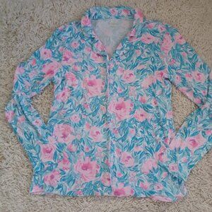 Lilly Pulitzer Women’s Pajama Top Sz L Pink Blue Floral Button Front Sleep Shirt